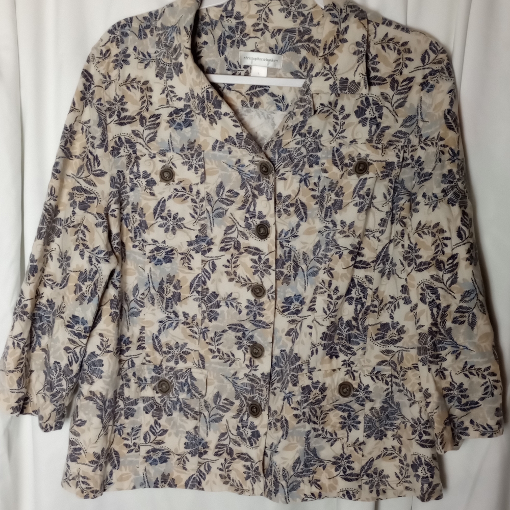 Linen Blend Christopher & Banks Large Blue Tan Cream Floral Summer Jacket Coasta - Picture 1 of 7